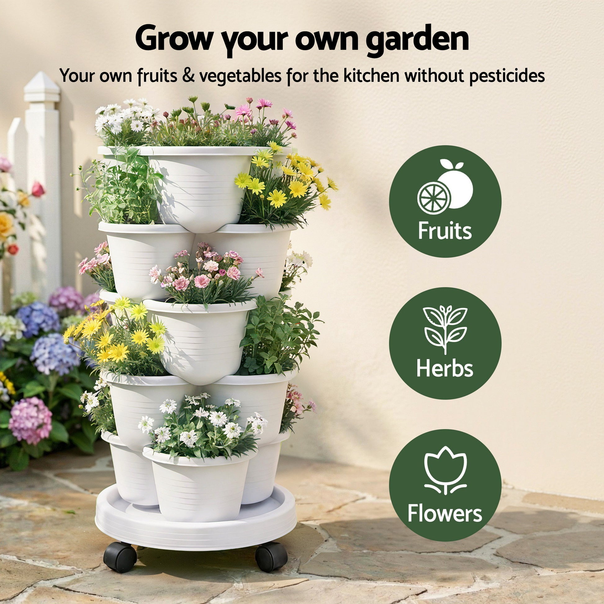 Green Fingers 5 Tier Vertical Garden Planter, Stackable Planters with Wheels, White, Garden Bed, Garden Tower Indoor Outdoor, Auto Drainage System, for Strawberries, Herbs, Flowers, Vegetables - Image 4