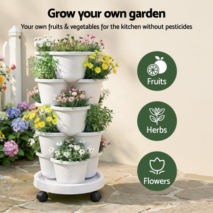 Green Fingers 5 Tier Vertical Garden Planter, Stackable Planters with Wheels, White, Garden Bed, Garden Tower Indoor Outdoor, Auto Drainage System, for Strawberries, Herbs, Flowers, Vegetables - Image 4
