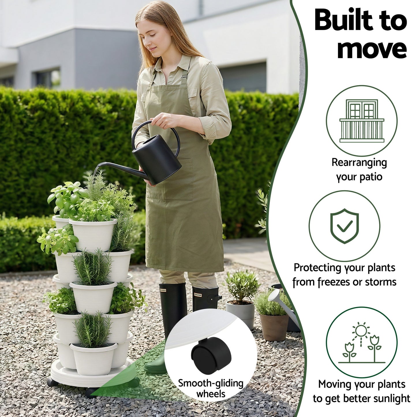 Green Fingers 5 Tier Vertical Garden Planter, Stackable Planters with Wheels, White, Garden Bed, Garden Tower Indoor Outdoor, Auto Drainage System, for Strawberries, Herbs, Flowers, Vegetables - Image 5