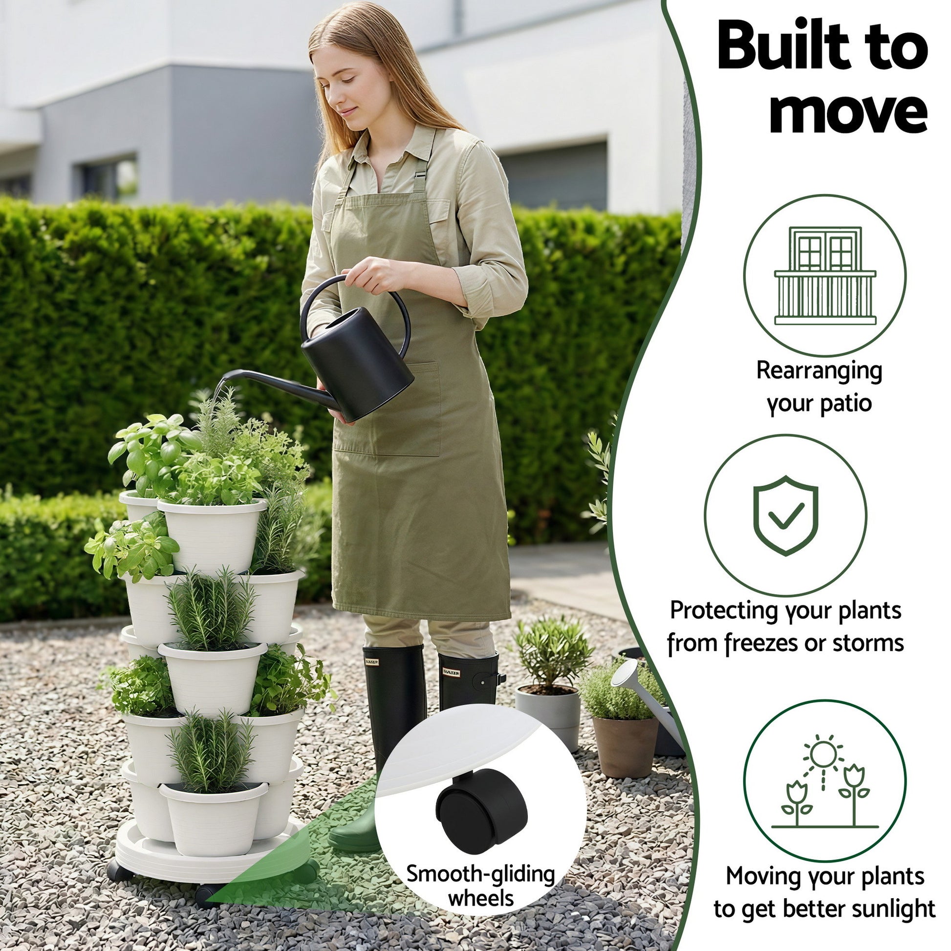 Green Fingers 5 Tier Vertical Garden Planter, Stackable Planters with Wheels, White, Garden Bed, Garden Tower Indoor Outdoor, Auto Drainage System, for Strawberries, Herbs, Flowers, Vegetables - Image 5