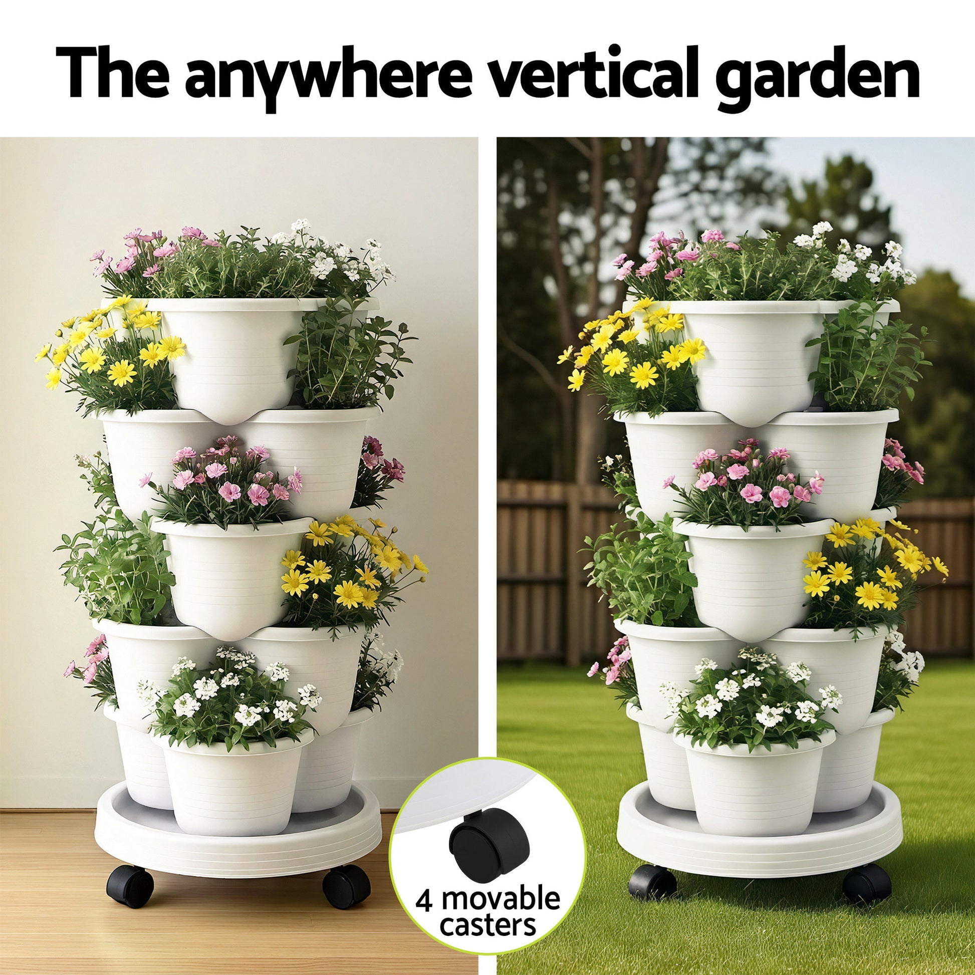 Green Fingers 5 Tier Vertical Garden Planter, Stackable Planters with Wheels, White, Garden Bed, Garden Tower Indoor Outdoor, Auto Drainage System, for Strawberries, Herbs, Flowers, Vegetables - Image 6