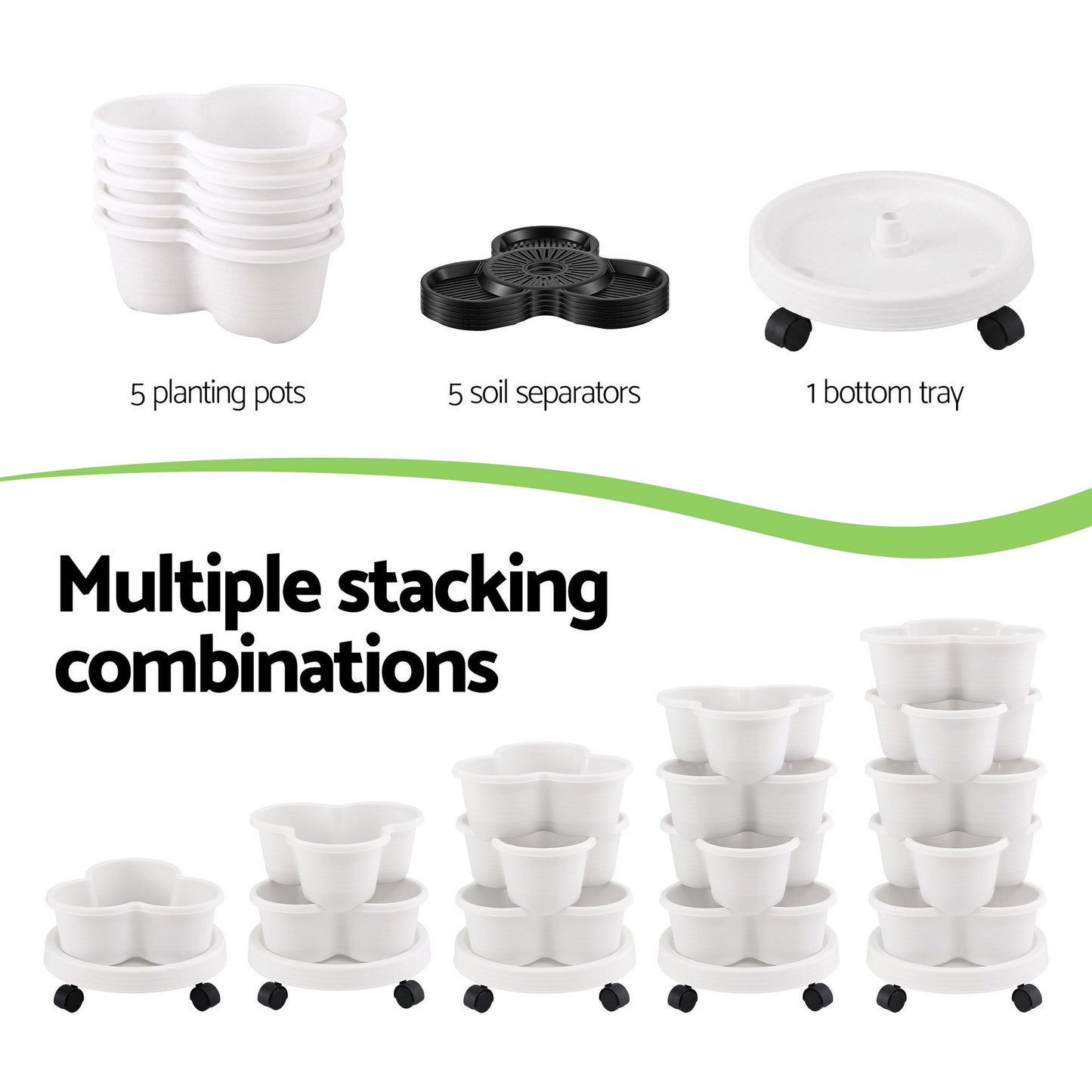 Green Fingers 5 Tier Vertical Garden Planter, Stackable Planters with Wheels, White, Garden Bed, Garden Tower Indoor Outdoor, Auto Drainage System, for Strawberries, Herbs, Flowers, Vegetables - Image 8