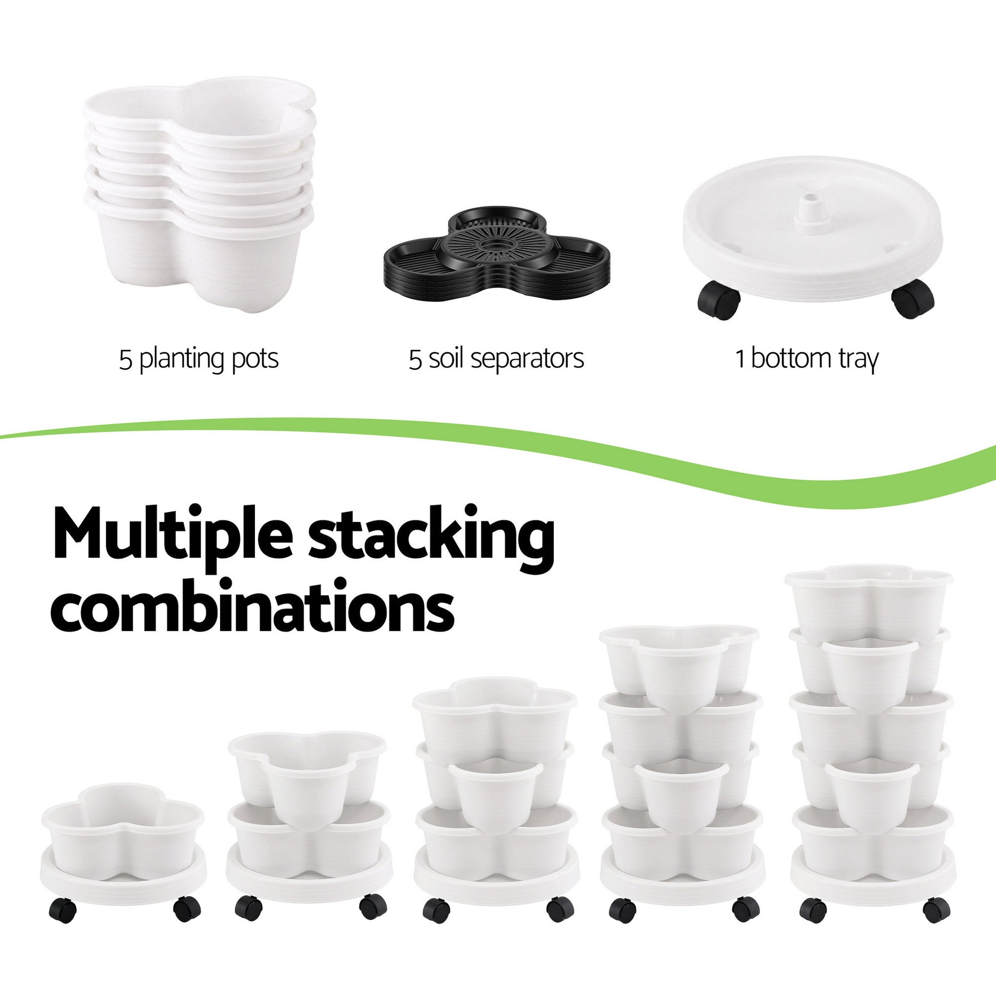 Green Fingers 5 Tier Vertical Garden Planter, Stackable Planters with Wheels, White, Garden Bed, Garden Tower Indoor Outdoor, Auto Drainage System, for Strawberries, Herbs, Flowers, Vegetables - Image 8