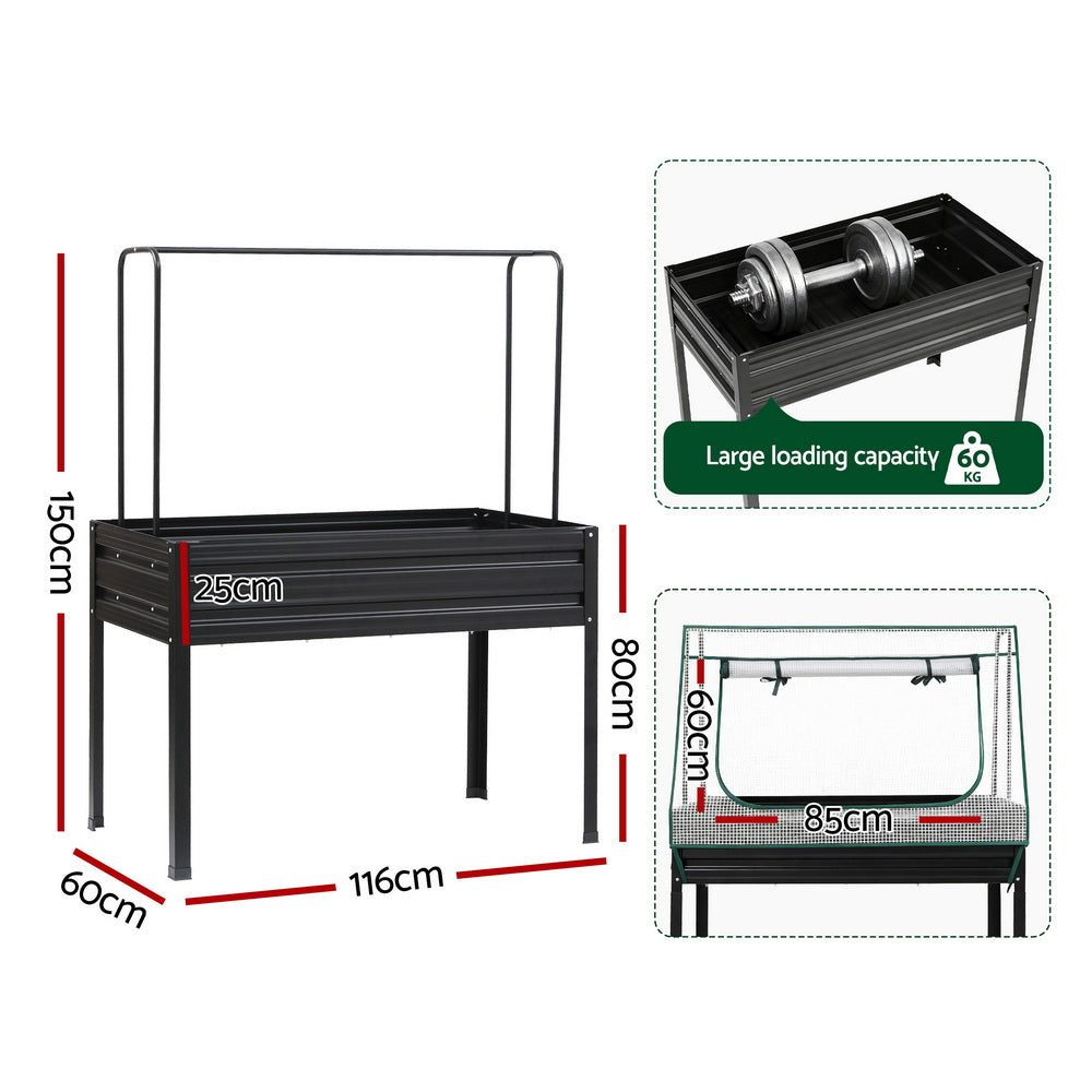 Green Fingers Elevated Metal Garden Bed Kit w Mini Greenhouse Cover 116x60cm Stand-Up Height Trellis - Image 2