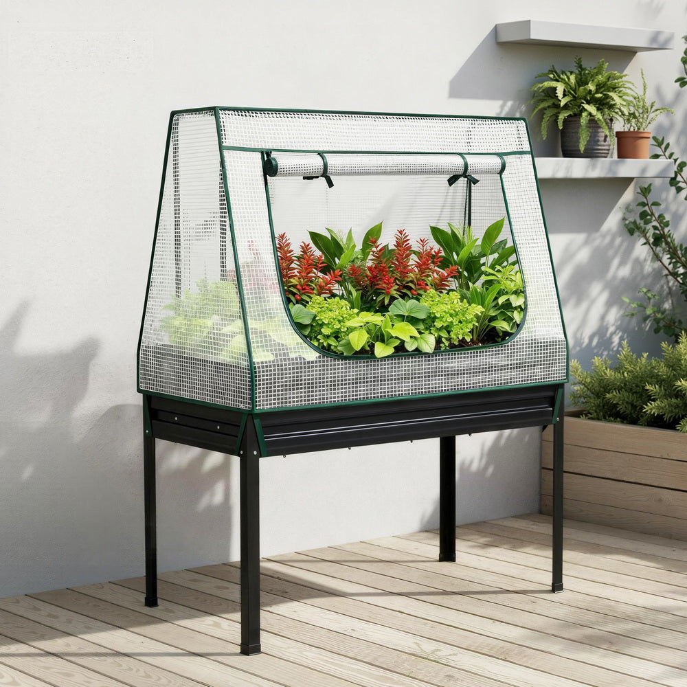 Green Fingers Elevated Metal Garden Bed Kit w Mini Greenhouse Cover 116x60cm Stand-Up Height Trellis - Image 7
