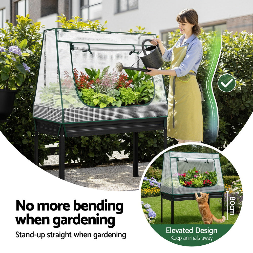 Green Fingers Elevated Metal Garden Bed Kit w Mini Greenhouse Cover 116x60cm Stand-Up Height Trellis - Image 8