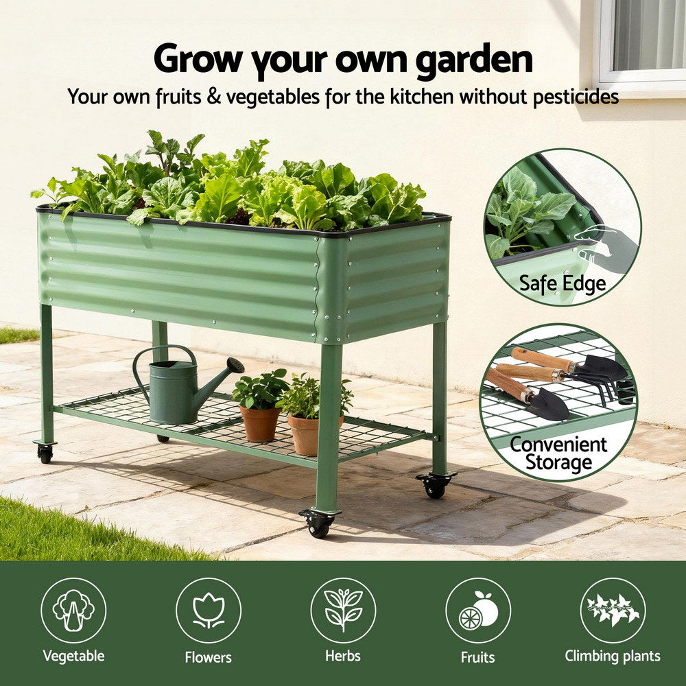 Green Fingers Elevated Raised Garden Bed Kit Mobile w/ Locking Wheels & Storage Shelf 100KG Max Load 115x60x81cm | Galvanized Steel, Portable Green Organizer for Seniors, Patio, Balcony, Vegetables - Image 8