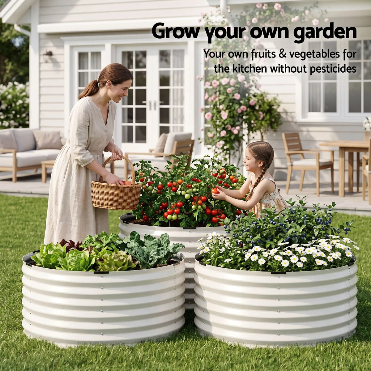 Green Fingers Round Metal Raised Garden Bed 90x45cm Planter Box White - Image 4