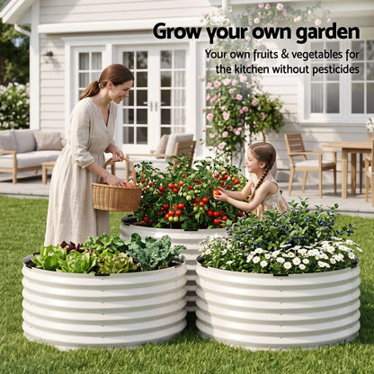 Green Fingers Round Metal Raised Garden Bed 90x45cm Planter Box White - Image 4