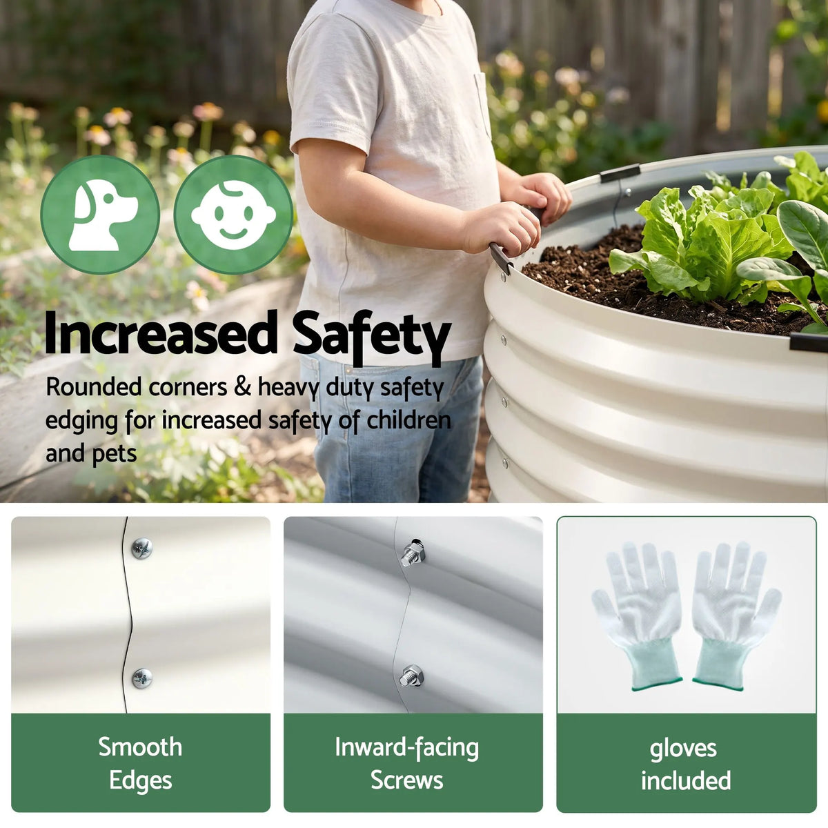 Green Fingers Round Metal Raised Garden Bed 90x45cm Planter Box White - Image 5