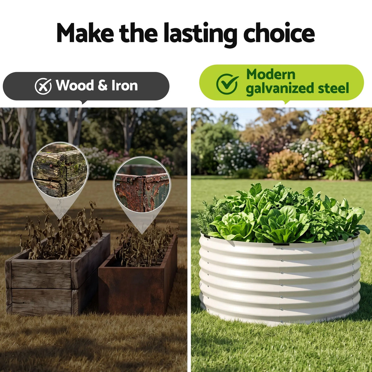 Green Fingers Round Metal Raised Garden Bed 90x45cm Planter Box White - Image 8