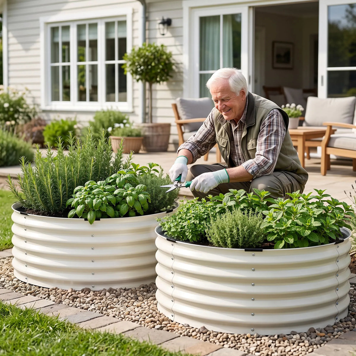 Green Fingers Round Metal Raised Garden Bed 90x45cm Planter Box White - Image 9