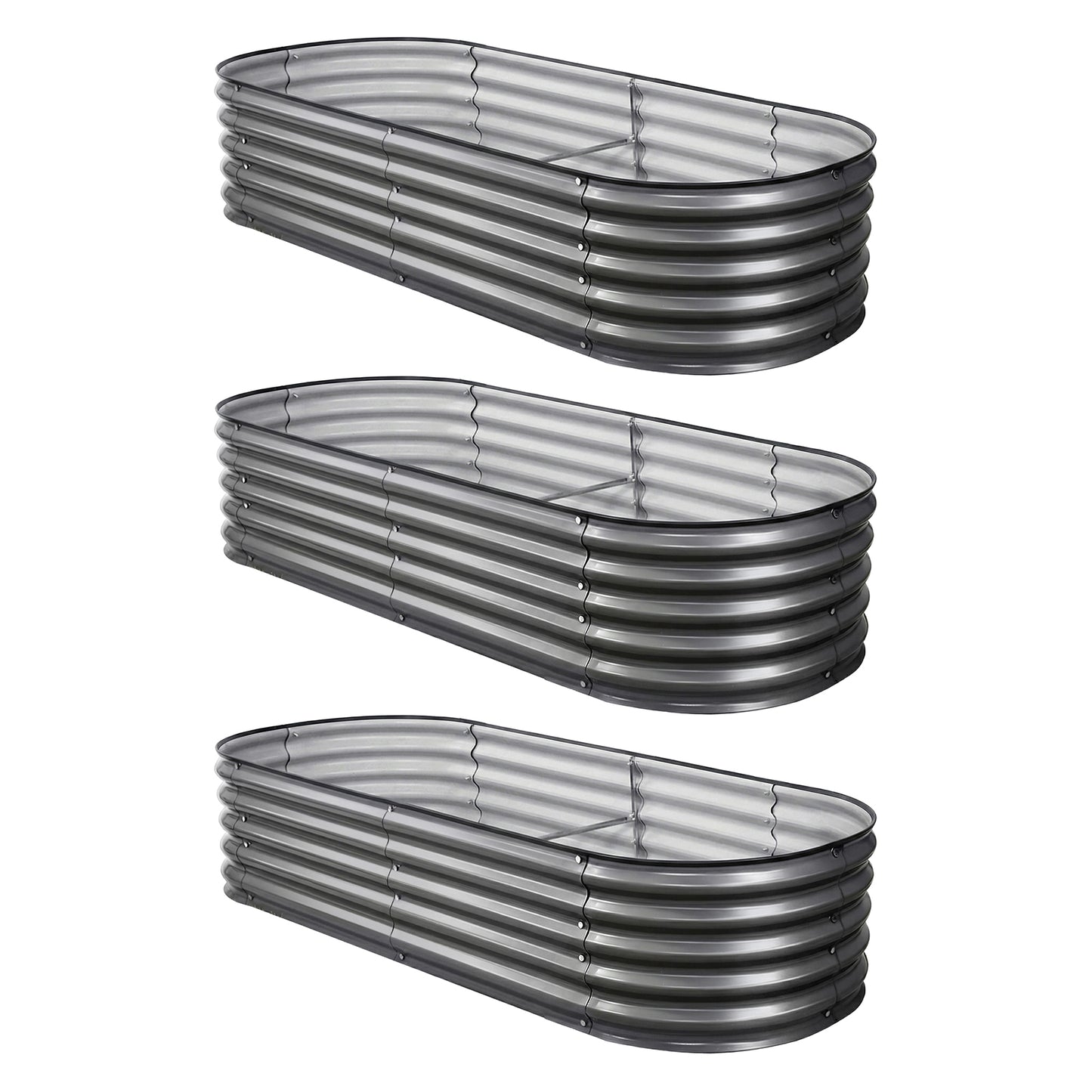 Green Fingers 3 Pcs Raised Garden Bed Kit Oval Galvanized Steel Planter Boxes 160x80x42cm, Heavy Duty Metal Elevated Garden Bed for Vegetables Flowers Herbs, with Safety Edging, Gloves & Pegs Included