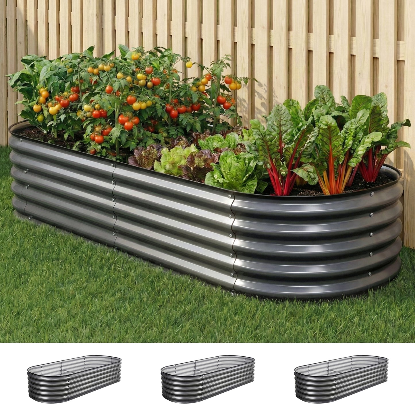 Green Fingers 3 Pcs Raised Garden Bed Kit Oval Galvanized Steel Planter Boxes 160x80x42cm, Heavy Duty Metal Elevated Garden Bed for Vegetables Flowers Herbs, with Safety Edging, Gloves & Pegs Included - Image 8