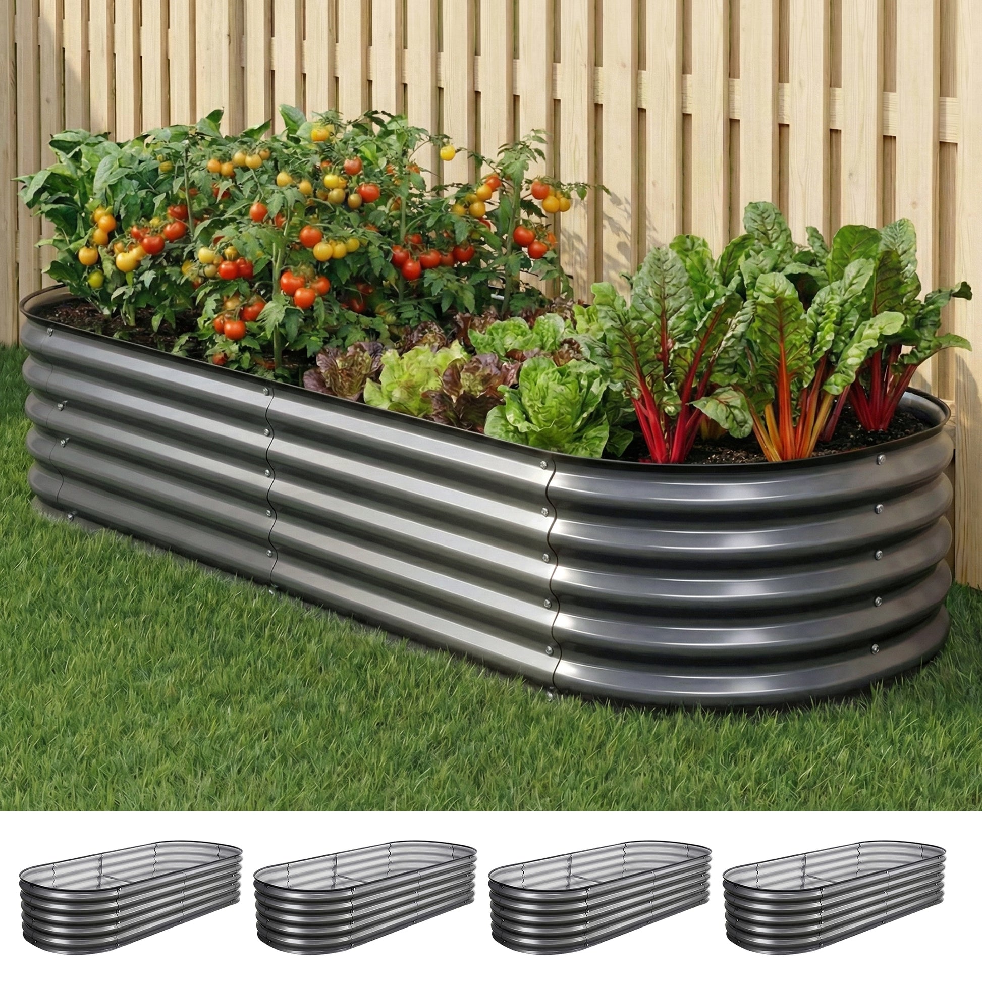 Green Fingers 4 Pcs Raised Garden Bed Kit Oval Galvanized Steel Planter Boxes 160x80x42cm, Heavy Duty Metal Elevated Garden Bed for Vegetables Flowers Herbs, with Safety Edging, Gloves & Pegs Included - Image 8