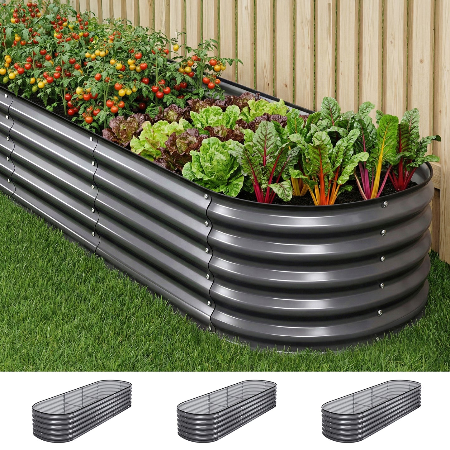 Green Fingers 3 Pcs Raised Garden Bed Kit Oval Galvanized Steel Planter Boxes 240x80x42cm, Heavy Duty Metal Elevated Garden Bed for Vegetables Flowers Herbs, with Safety Edging, Gloves & Pegs Included - Image 8
