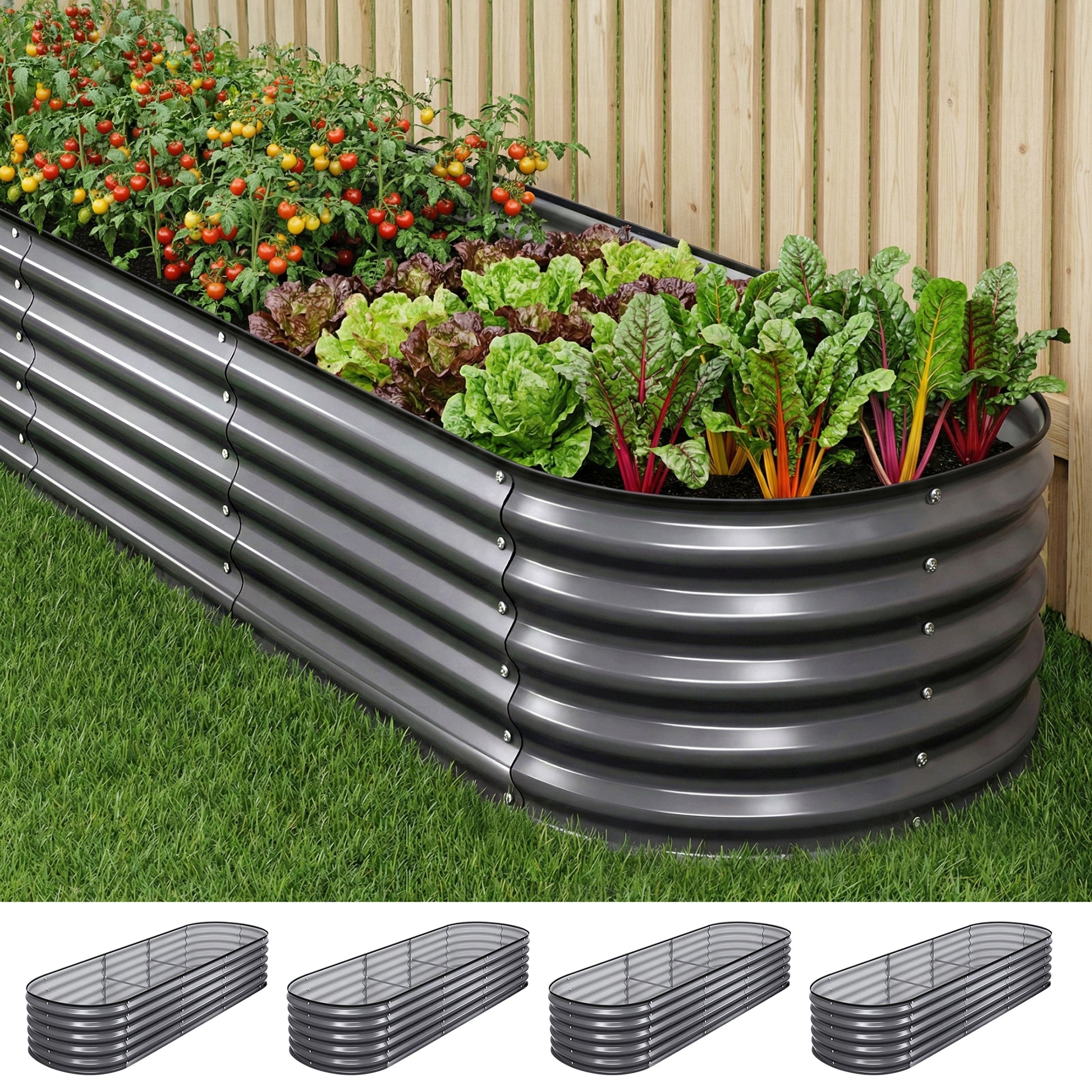 Green Fingers 4 Pcs Raised Garden Bed Kit Oval Galvanized Steel Planter Boxes 240x80x42cm, Heavy Duty Metal Elevated Garden Bed for Vegetables Flowers Herbs, with Safety Edging, Gloves & Pegs Included - Image 8