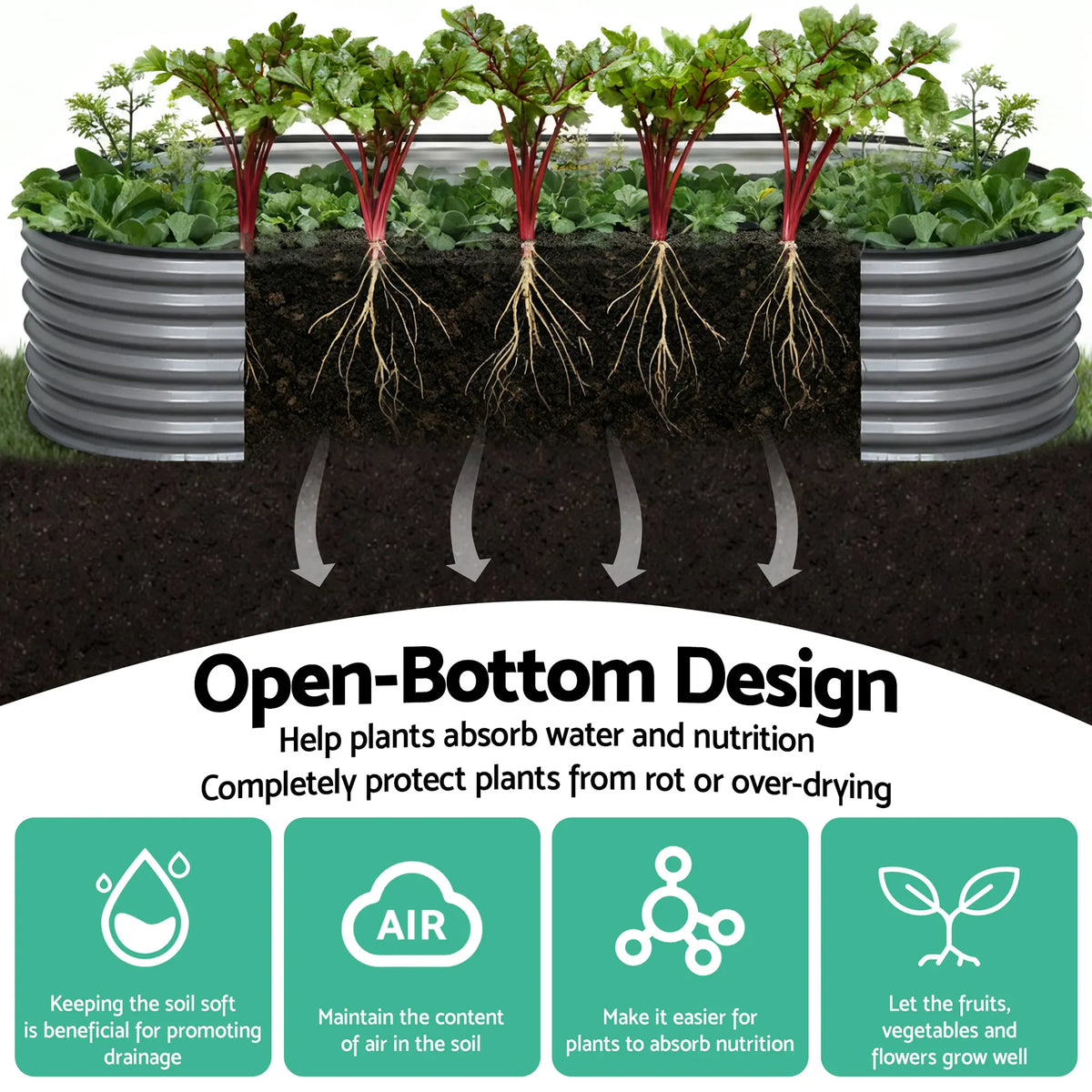 Green Fingers 3 Pcs Raised Garden Bed Kit Oval Galvanized Steel Planter Boxes 240x80x56cm, Heavy Duty Metal Elevated Garden Bed for Vegetables Flowers Herbs, with Safety Edging, Gloves & Pegs Included - Image 3