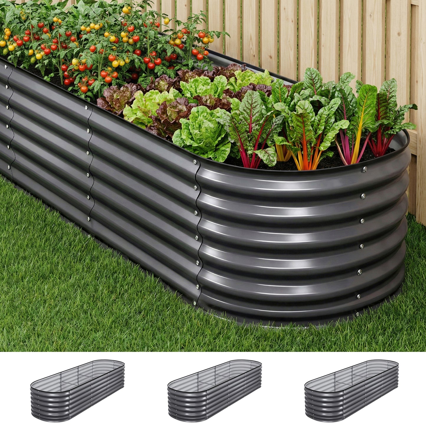Green Fingers 3 Pcs Raised Garden Bed Kit Oval Galvanized Steel Planter Boxes 240x80x56cm, Heavy Duty Metal Elevated Garden Bed for Vegetables Flowers Herbs, with Safety Edging, Gloves & Pegs Included - Image 8