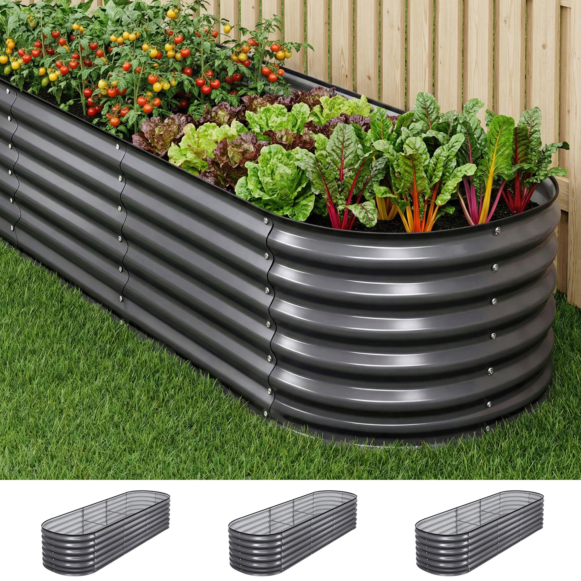 Green Fingers 3 Pcs Raised Garden Bed Kit Oval Galvanized Steel Planter Boxes 240x80x56cm, Heavy Duty Metal Elevated Garden Bed for Vegetables Flowers Herbs, with Safety Edging, Gloves & Pegs Included - Image 8