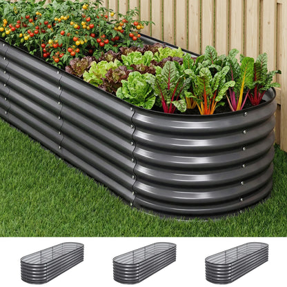 Green Fingers 3 Pcs Raised Garden Bed Kit Oval Galvanized Steel Planter Boxes 240x80x56cm, Heavy Duty Metal Elevated Garden Bed for Vegetables Flowers Herbs, with Safety Edging, Gloves & Pegs Included