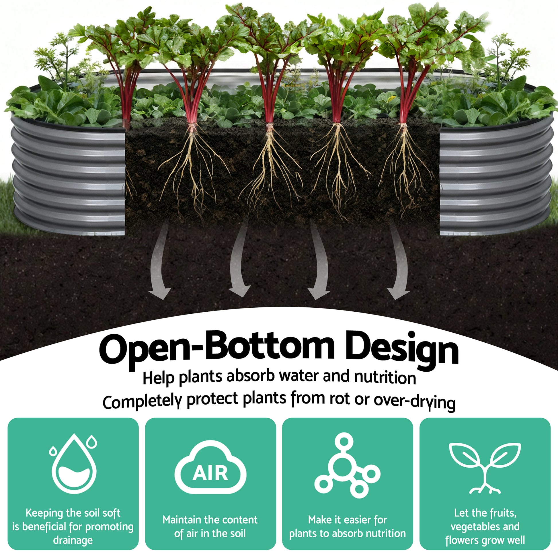 Green Fingers 4 Pcs Raised Garden Bed Kit Oval Galvanized Steel Planter Boxes 240x80x56cm, Heavy Duty Metal Elevated Garden Bed for Vegetables Flowers Herbs, with Safety Edging, Gloves & Pegs Included - Image 5
