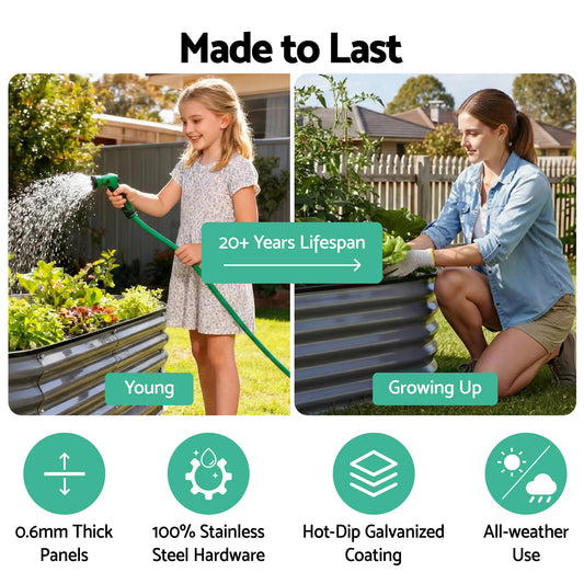 Green Fingers 4 Pcs Raised Garden Bed Kit Oval Galvanized Steel Planter Boxes 320x80x56cm, Heavy Duty Metal Elevated Garden Bed for Vegetables Flowers Herbs, with Safety Edging, Gloves & Pegs Included - Image 2