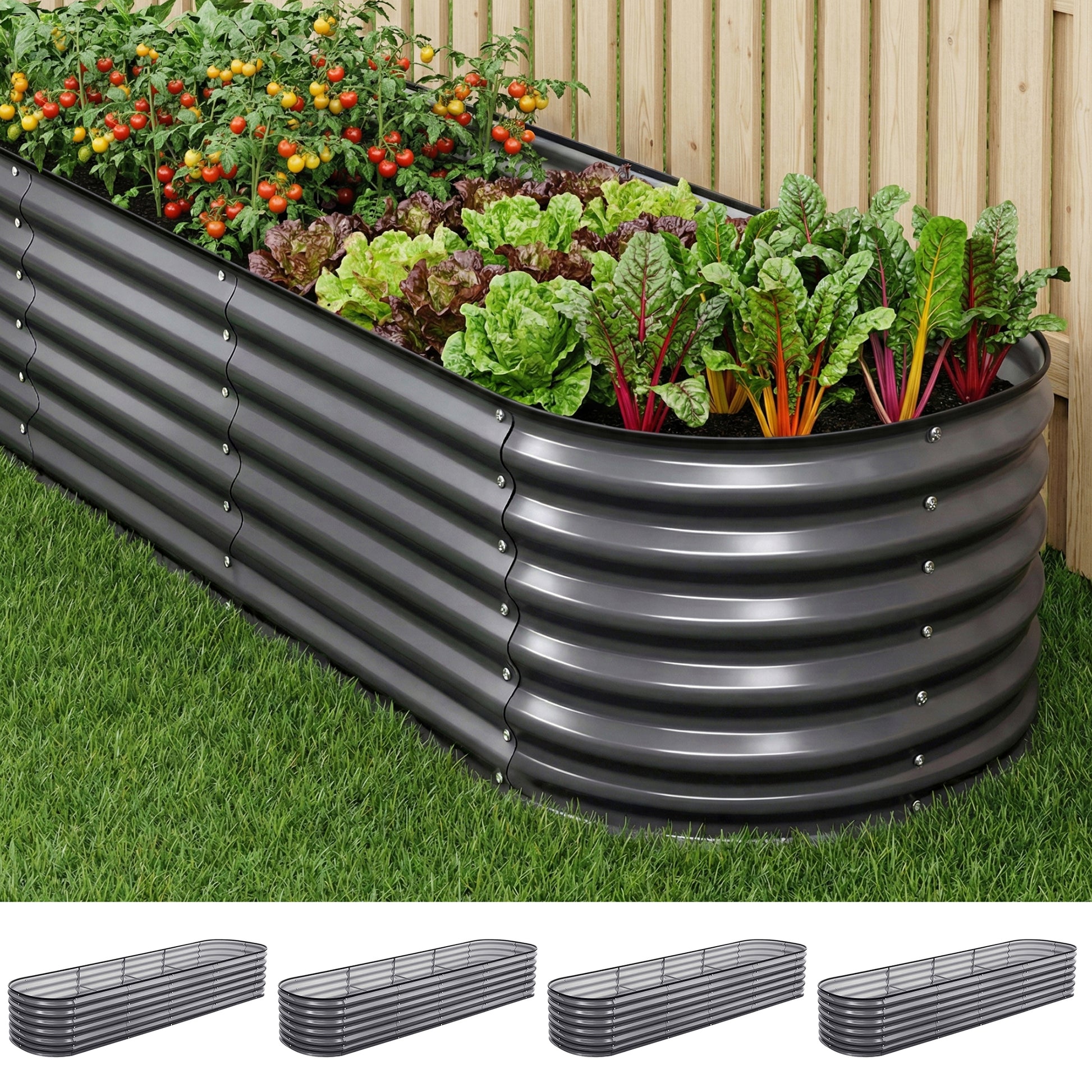 Green Fingers 4 Pcs Raised Garden Bed Kit Oval Galvanized Steel Planter Boxes 320x80x56cm, Heavy Duty Metal Elevated Garden Bed for Vegetables Flowers Herbs, with Safety Edging, Gloves & Pegs Included - Image 8