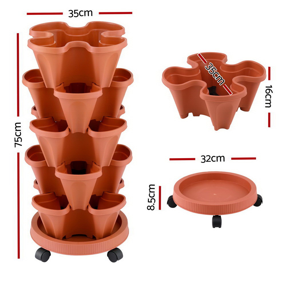Green Fingers Raised Garden Bed 5 Tier Vertical Garden Brick Red Strawberry Stackable Planters Herbs Petunias  - Image 2