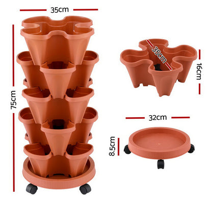 Green Fingers Raised Garden Bed 5 Tier Vertical Garden Brick Red Strawberry Stackable Planters Herbs Petunias  - Image 2