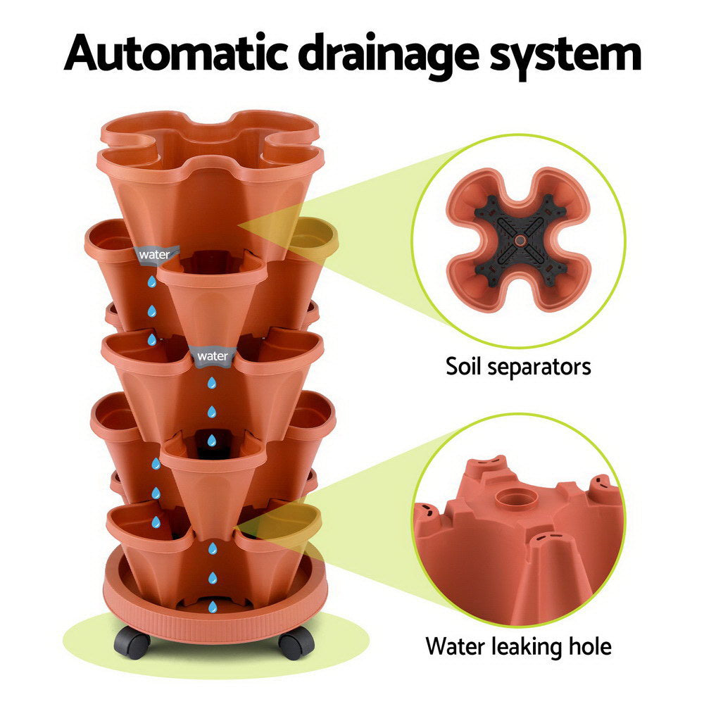 Green Fingers Raised Garden Bed 5 Tier Vertical Garden Brick Red Strawberry Stackable Planters Herbs Petunias  - Image 4