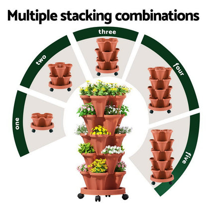 Green Fingers Raised Garden Bed 5 Tier Vertical Garden Brick Red Strawberry Stackable Planters Herbs Petunias  - Image 5