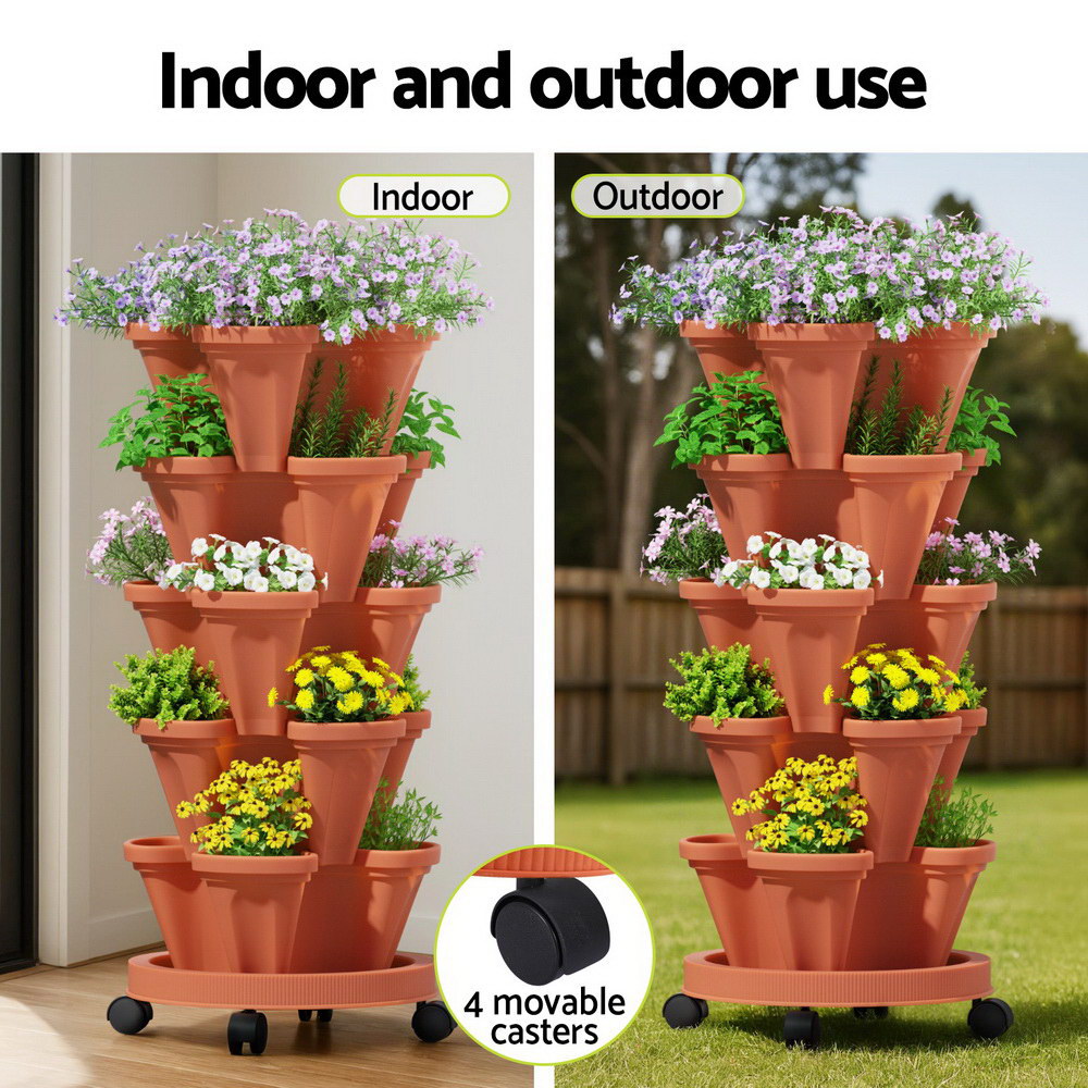 Green Fingers Raised Garden Bed 5 Tier Vertical Garden Brick Red Strawberry Stackable Planters Herbs Petunias  - Image 6