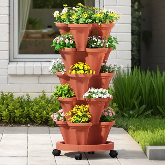 Green Fingers Raised Garden Bed 5 Tier Vertical Garden Brick Red Strawberry Stackable Planters Herbs Petunias  - Image 7