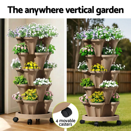 Green Fingers Garden Bed 5 Tier Vertical Garden Grey Strawberry Stackable Planters Herb Petunias Tan - Image 3