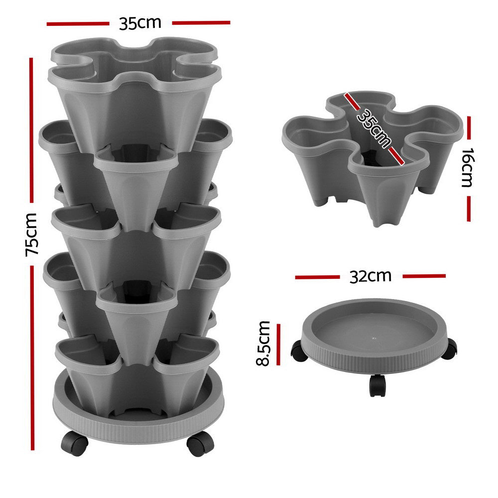 Green Fingers Raised Garden Bed 5 Tier Vertical Garden Grey Strawberry Stackable Planters Herbs Petunias  - Image 2