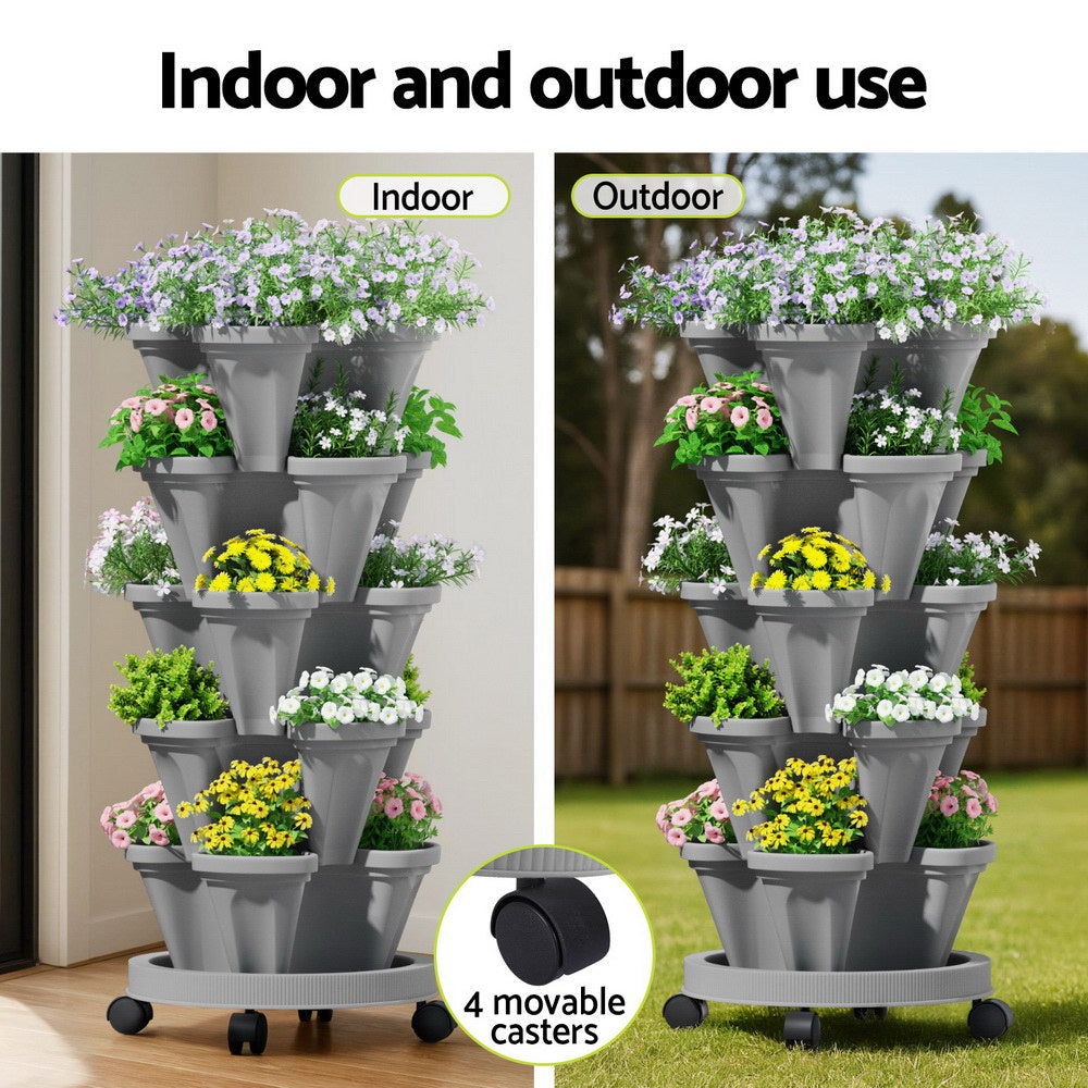 Green Fingers Raised Garden Bed 5 Tier Vertical Garden Grey Strawberry Stackable Planters Herbs Petunias  - Image 6