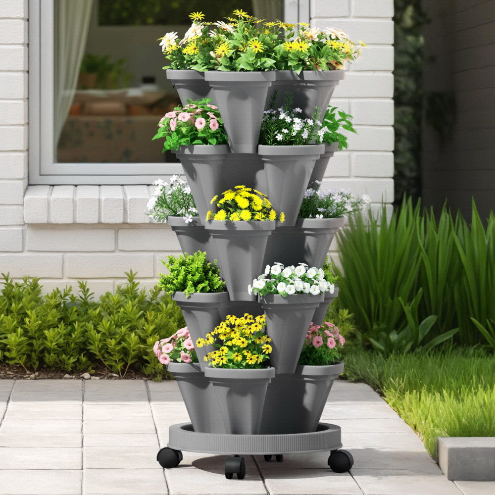 Green Fingers Raised Garden Bed 5 Tier Vertical Garden Grey Strawberry Stackable Planters Herbs Petunias  - Image 7