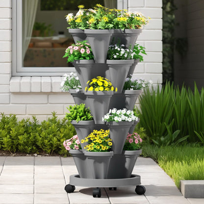 Green Fingers Raised Garden Bed 5 Tier Vertical Garden Grey Strawberry Stackable Planters Herbs Petunias  - Image 7