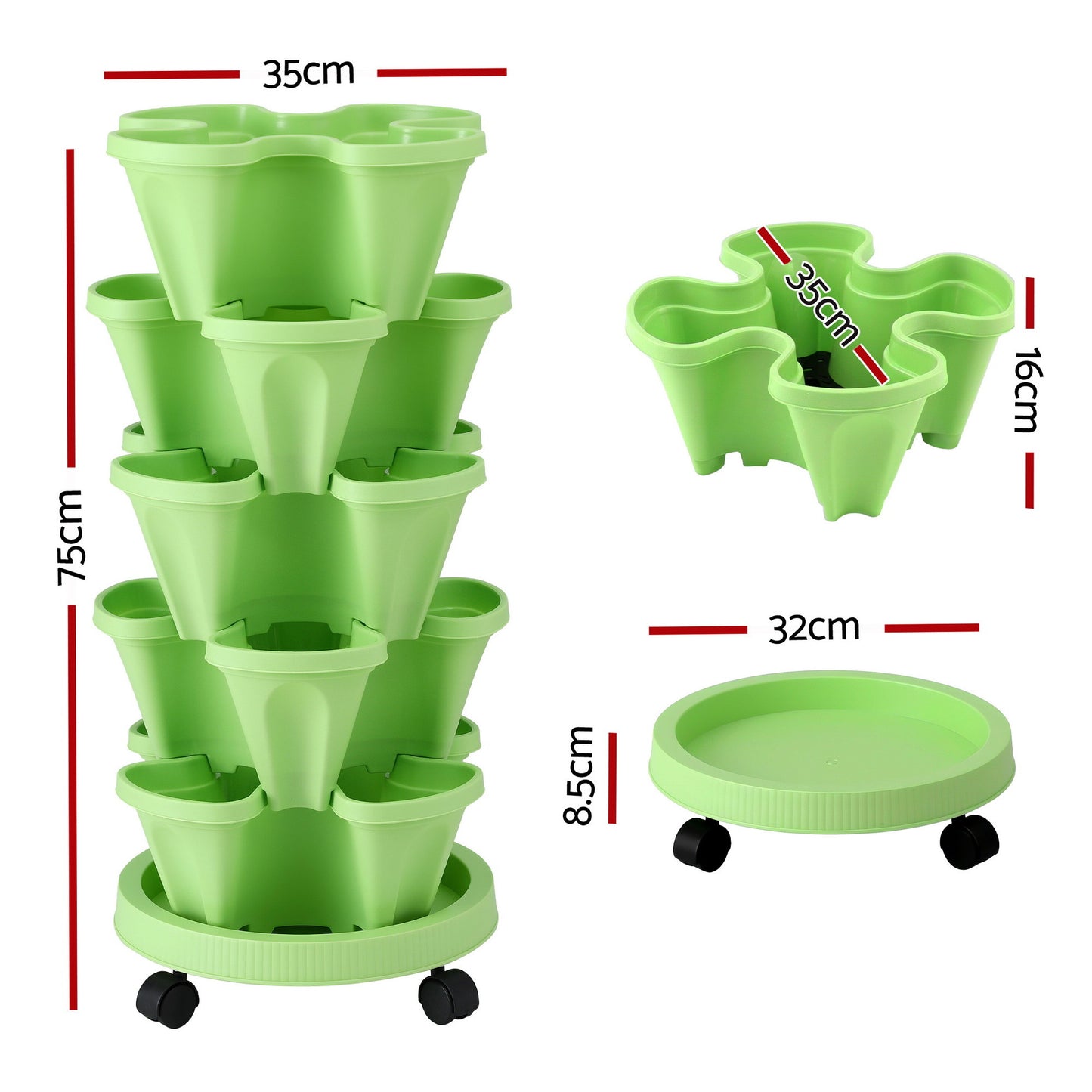 Green Fingers Garden Bed 5 Tier Vertical Garden Grey Strawberry Stackable Planters Herbs Light Green - Image 2
