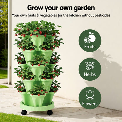 Green Fingers Garden Bed 5 Tier Vertical Garden Grey Strawberry Stackable Planters Herbs Light Green - Image 4