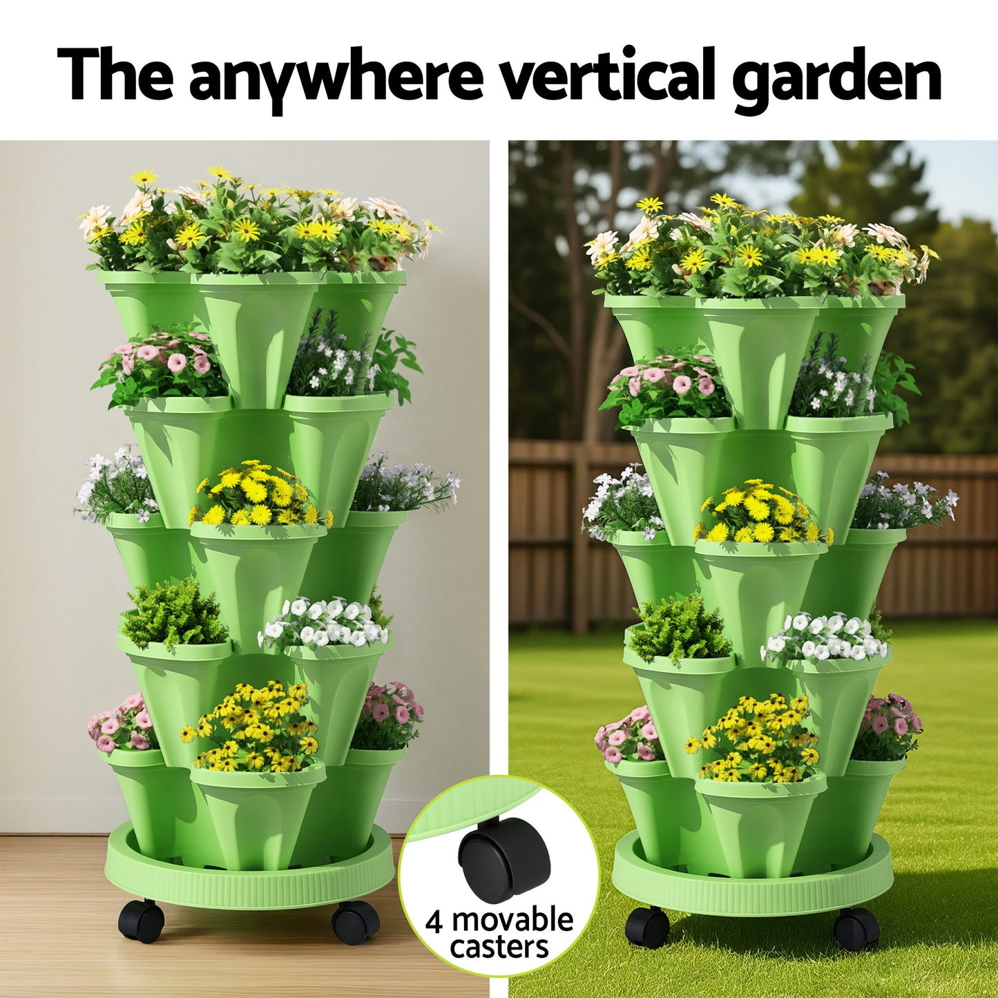Green Fingers Garden Bed 5 Tier Vertical Garden Grey Strawberry Stackable Planters Herbs Light Green - Image 5
