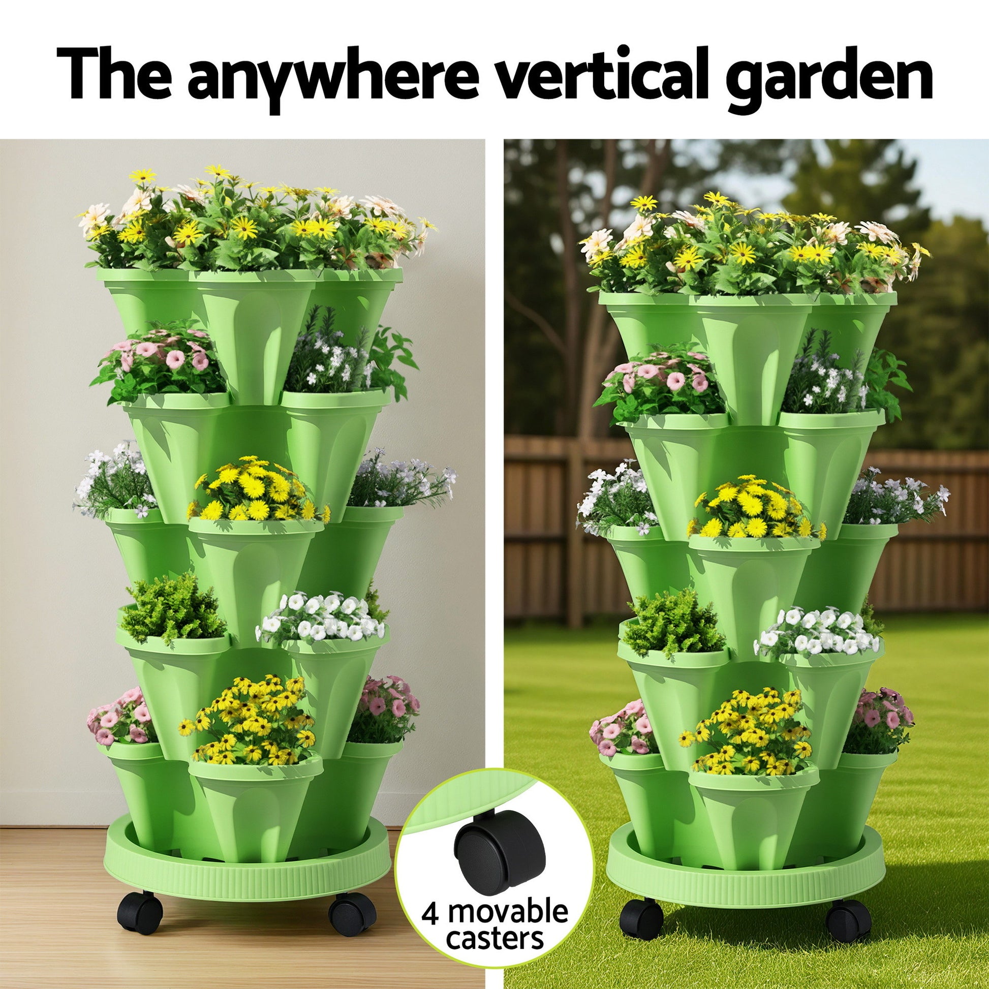 Green Fingers Garden Bed 5 Tier Vertical Garden Grey Strawberry Stackable Planters Herbs Light Green - Image 5