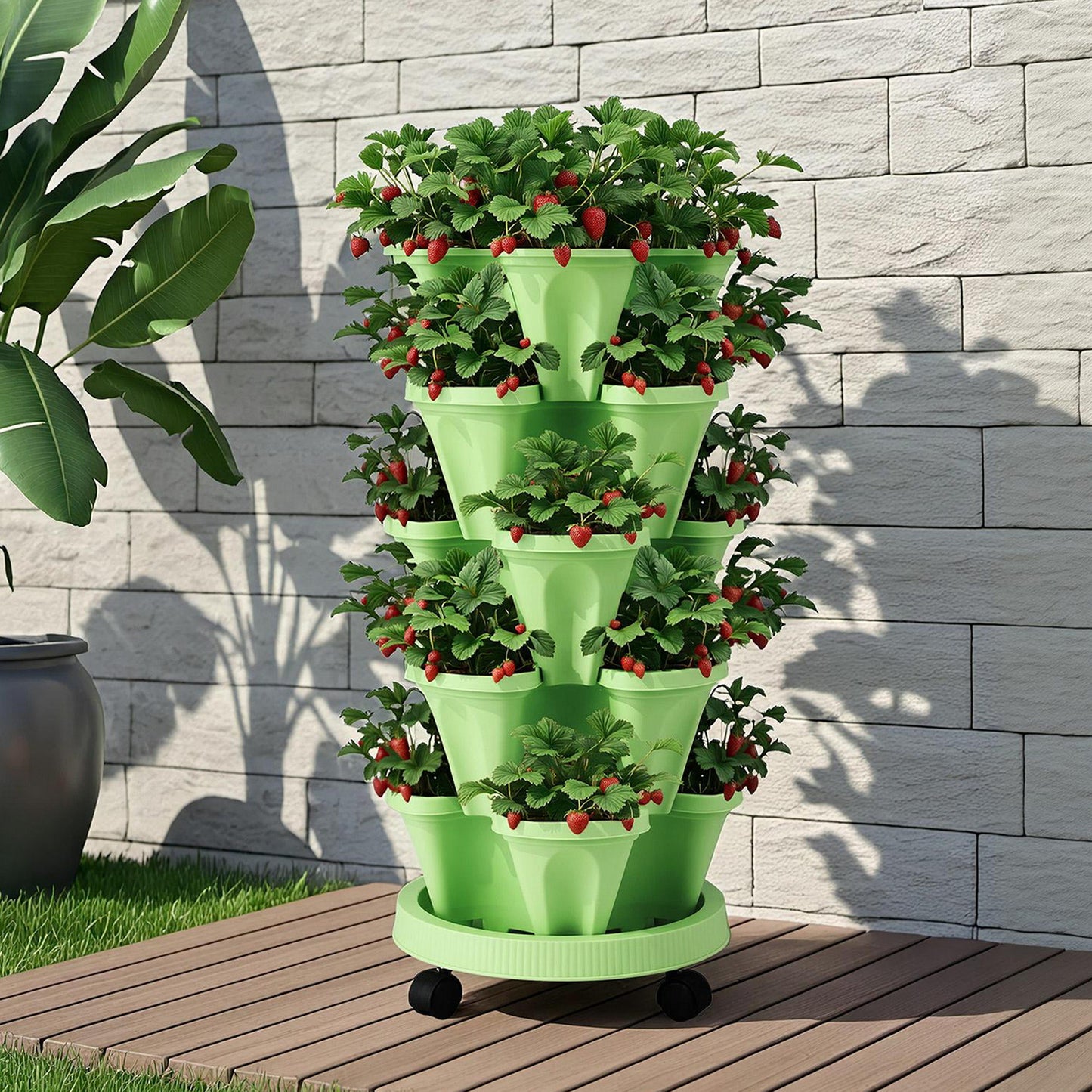 Green Fingers Garden Bed 5 Tier Vertical Garden Grey Strawberry Stackable Planters Herbs Light Green - Image 9