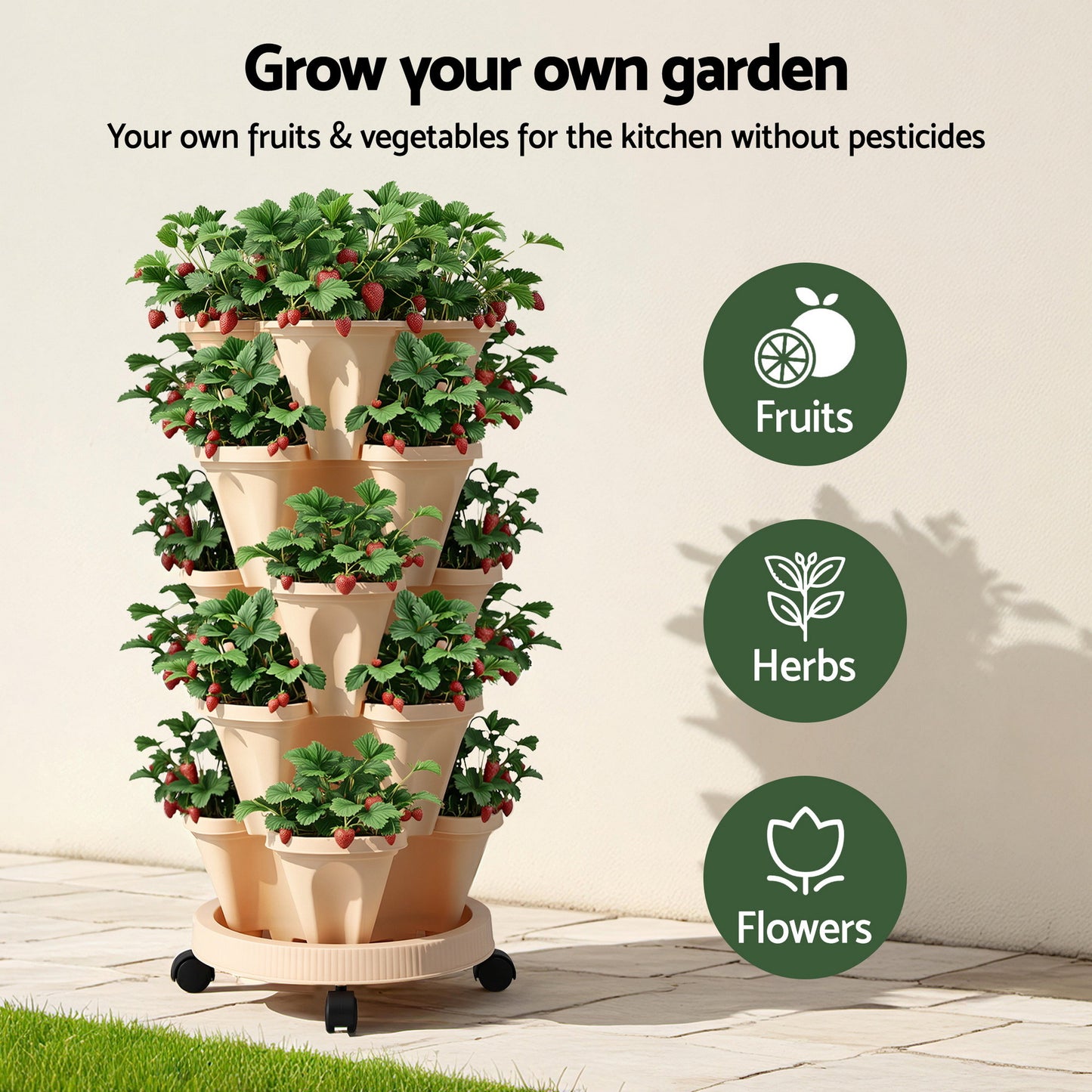 Green Fingers Garden Bed 5 Tier Vertical Garden Grey Strawberry Stackable Planters Herbs Beige - Image 4
