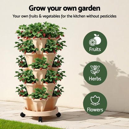 Green Fingers Garden Bed 5 Tier Vertical Garden Grey Strawberry Stackable Planters Herbs Beige - Image 4