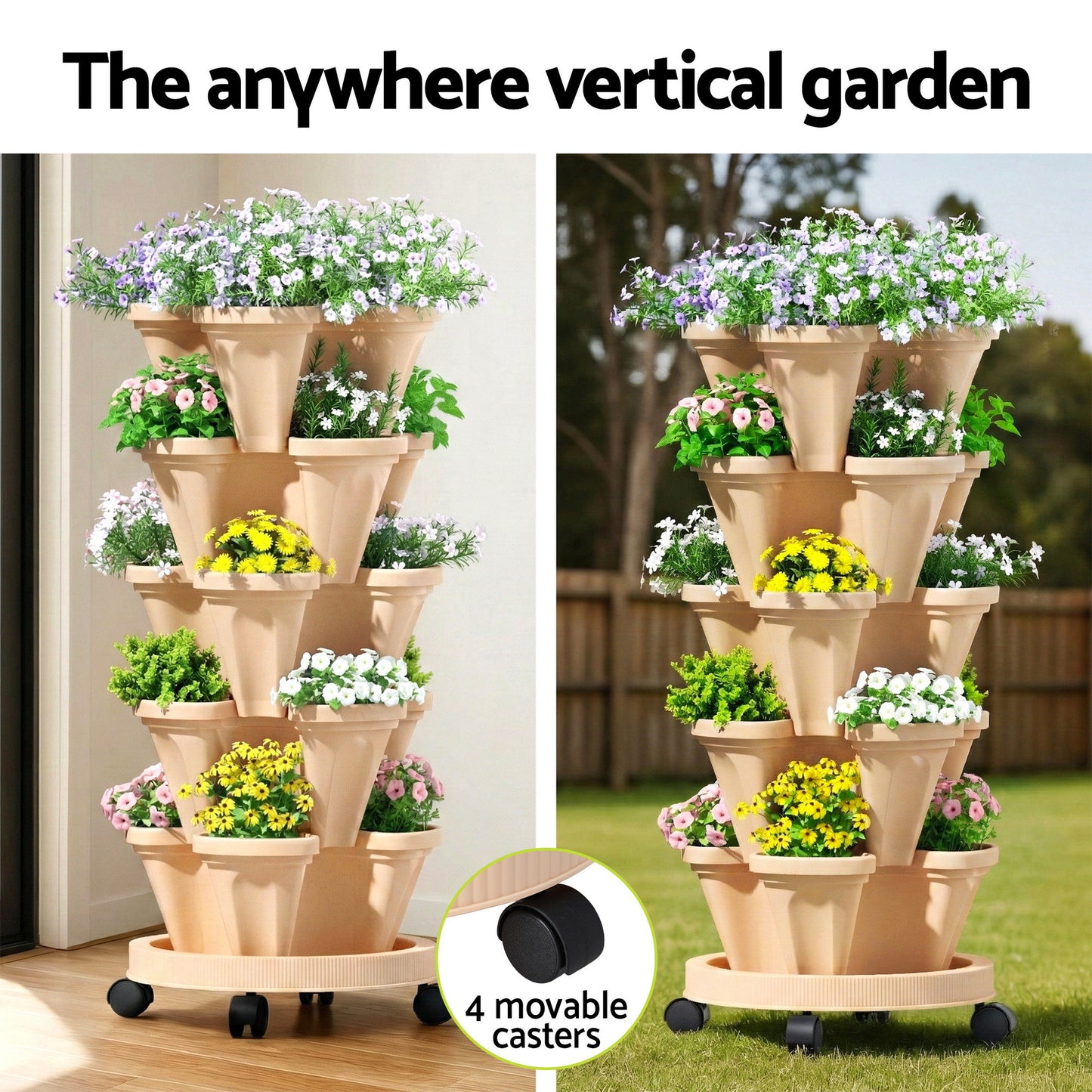 Green Fingers Garden Bed 5 Tier Vertical Garden Grey Strawberry Stackable Planters Herbs Beige - Image 5
