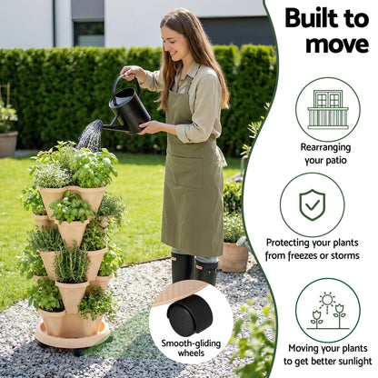 Green Fingers Garden Bed 5 Tier Vertical Garden Grey Strawberry Stackable Planters Herbs Beige - Image 6