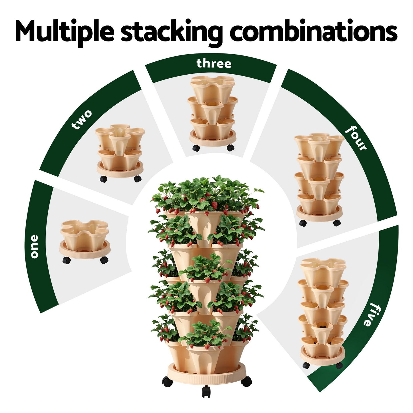 Green Fingers Garden Bed 5 Tier Vertical Garden Grey Strawberry Stackable Planters Herbs Beige - Image 8