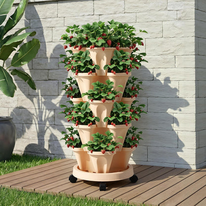 Green Fingers Garden Bed 5 Tier Vertical Garden Grey Strawberry Stackable Planters Herbs Beige - Image 9